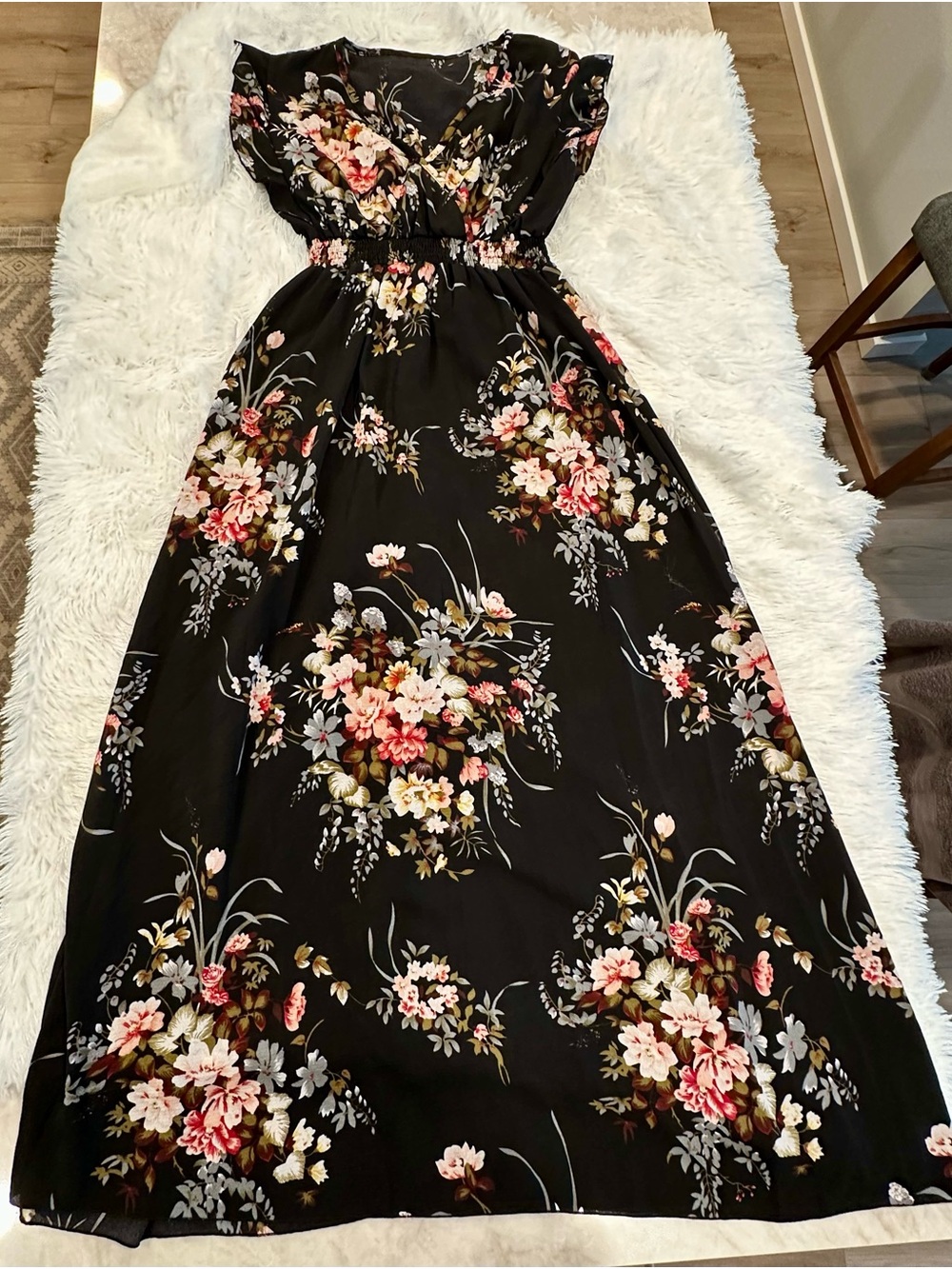 🌸Women’s XL/1X Black Floral Maxi Dress Boho Flutter Sleeve Dress